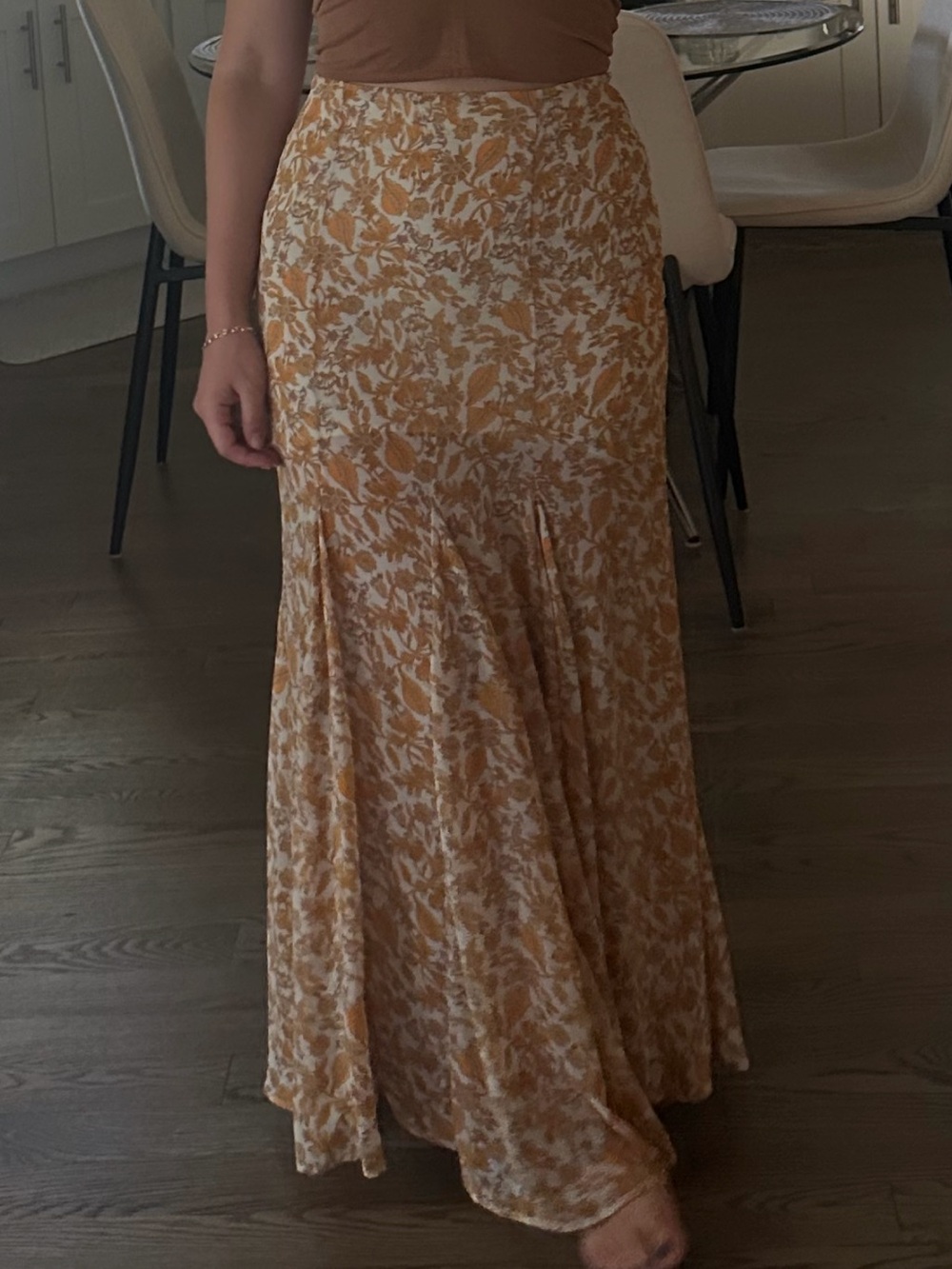 Free People Mustard Floral Pleated Maxi Skirt